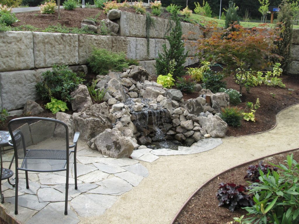 A great front yard with a lot of different landscaping and hardscape features