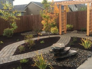 Vancouver WA- Backyard Landscaping- paver pathways, pergola- water feature-planting
