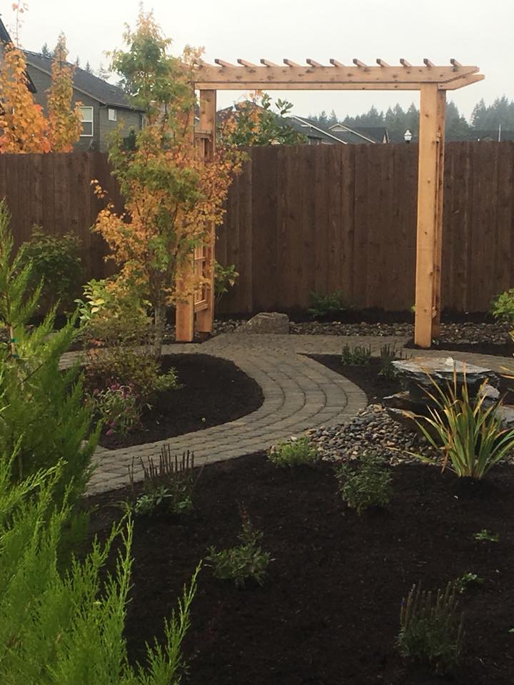 new home landscaping-Vancouver WA- Backyard Landscaping, water feature- paver pathways- planting- pergola