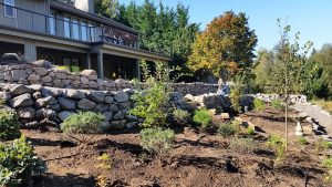 custom backyard landscaping-irrigation- drip- planting- rock walls- gravel pathways.