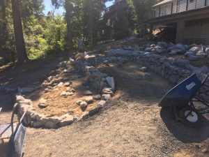 custom backyard landscaping- rock retaining walls- gravel pathways
