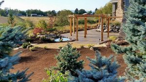 Interlocking concrete pavers, pergola, planting and pond make up this outdoor living area.